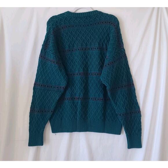 Vintage Eddie Bauer Men's Teal Purple Cable Knit Pullover Sweater Large Cotton - Picture 5 of 6